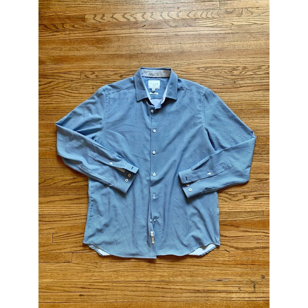 C-LAB NYC Large Slim Fit Dress Shirt blue Geometric 4 Way Stretch Polyester ligh - Picture 2 of 7